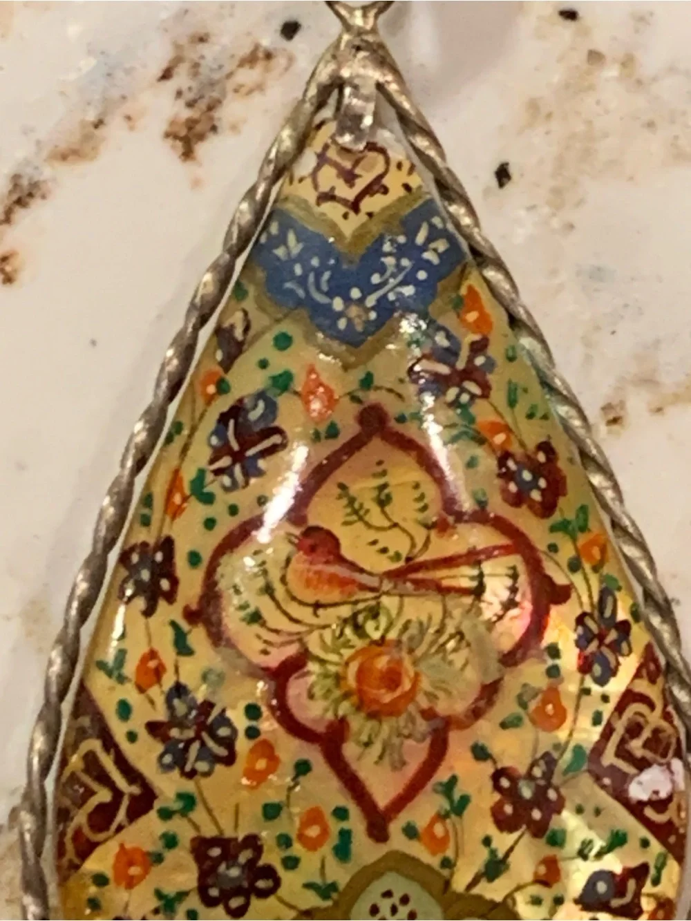 Vintage Hand-Painted Teardrop Pendant Necklace Reversible Bird Floral Horseback